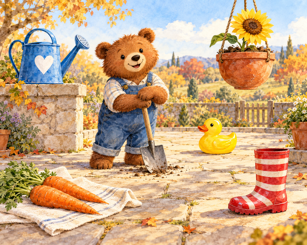 A friendly bear with a blue watering can, sunflower, two carrots, striped red boot and yellow duck on a sunny autumn patio.