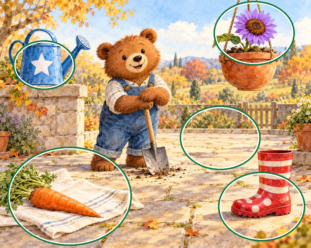 A friendly bear with a blue watering can, sunflower, two carrots, striped red boot and yellow duck on a sunny autumn patio. — all five differences circled in green