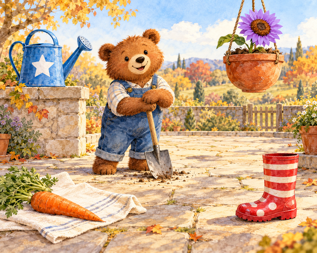 A friendly bear with a blue watering can, sunflower, two carrots, striped red boot and yellow duck on a sunny autumn patio. — comparison picture