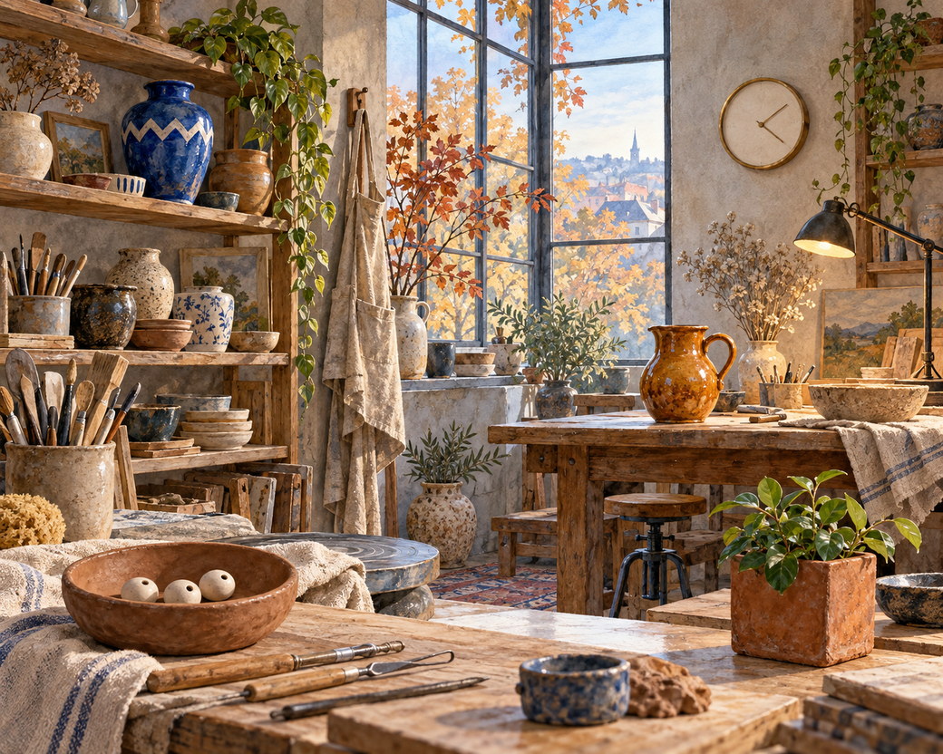 An autumn pottery studio with a patterned cobalt vase, three white beads in a bowl, amber pitcher, round wall clock and leafy plant in a square pot.