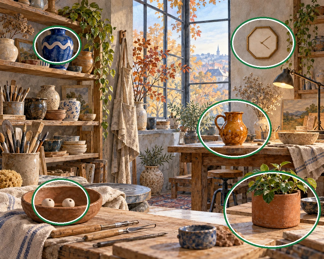 An autumn pottery studio with a patterned cobalt vase, three white beads in a bowl, amber pitcher, round wall clock and leafy plant in a square pot. — all five differences circled in green