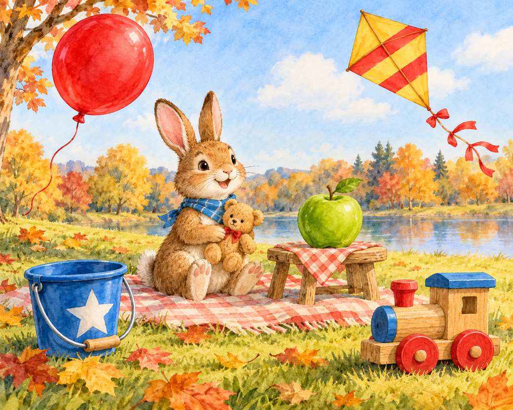 A rabbit with a teddy bear beside a blue bucket, toy train, balloon, kite and apple on an autumn picnic blanket.
