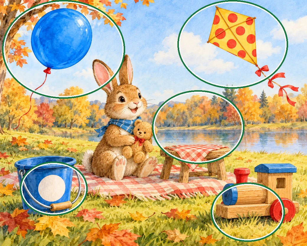 A rabbit with a teddy bear beside a blue bucket, toy train, balloon, kite and apple on an autumn picnic blanket. — all five differences circled in green