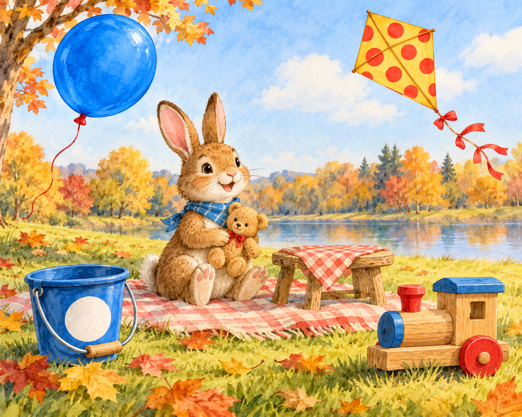 A rabbit with a teddy bear beside a blue bucket, toy train, balloon, kite and apple on an autumn picnic blanket. — comparison picture