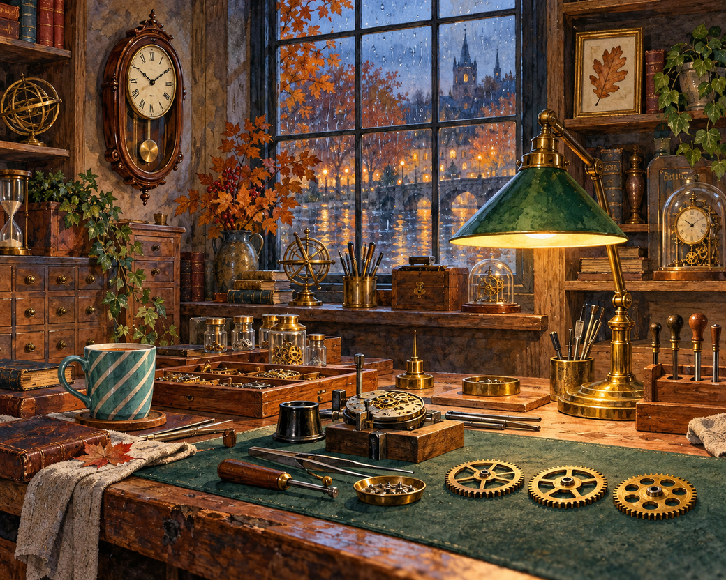 An atmospheric watchmaker workshop with a pendulum clock, striped mug, green brass lamp, framed oak leaf and three gears on a green mat.