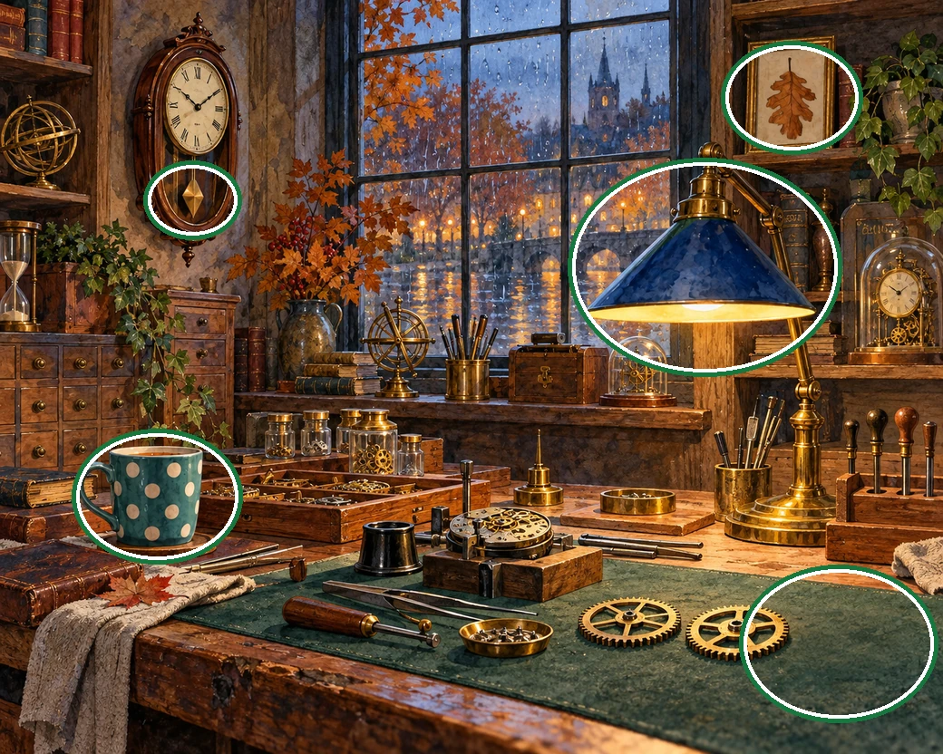 An atmospheric watchmaker workshop with a pendulum clock, striped mug, green brass lamp, framed oak leaf and three gears on a green mat. — all five differences circled in green