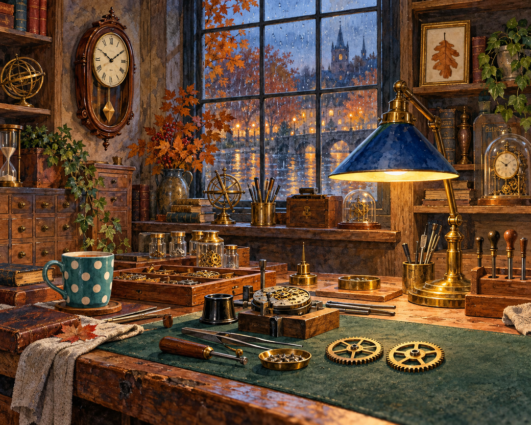 An atmospheric watchmaker workshop with a pendulum clock, striped mug, green brass lamp, framed oak leaf and three gears on a green mat. — comparison picture