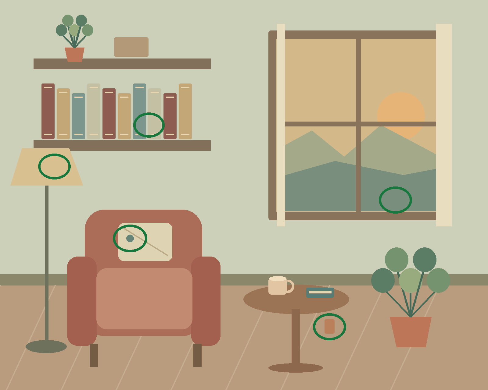 A calm reading room with a terracotta armchair, bookshelves, a large sunset window and a coffee table. — all five differences circled in green