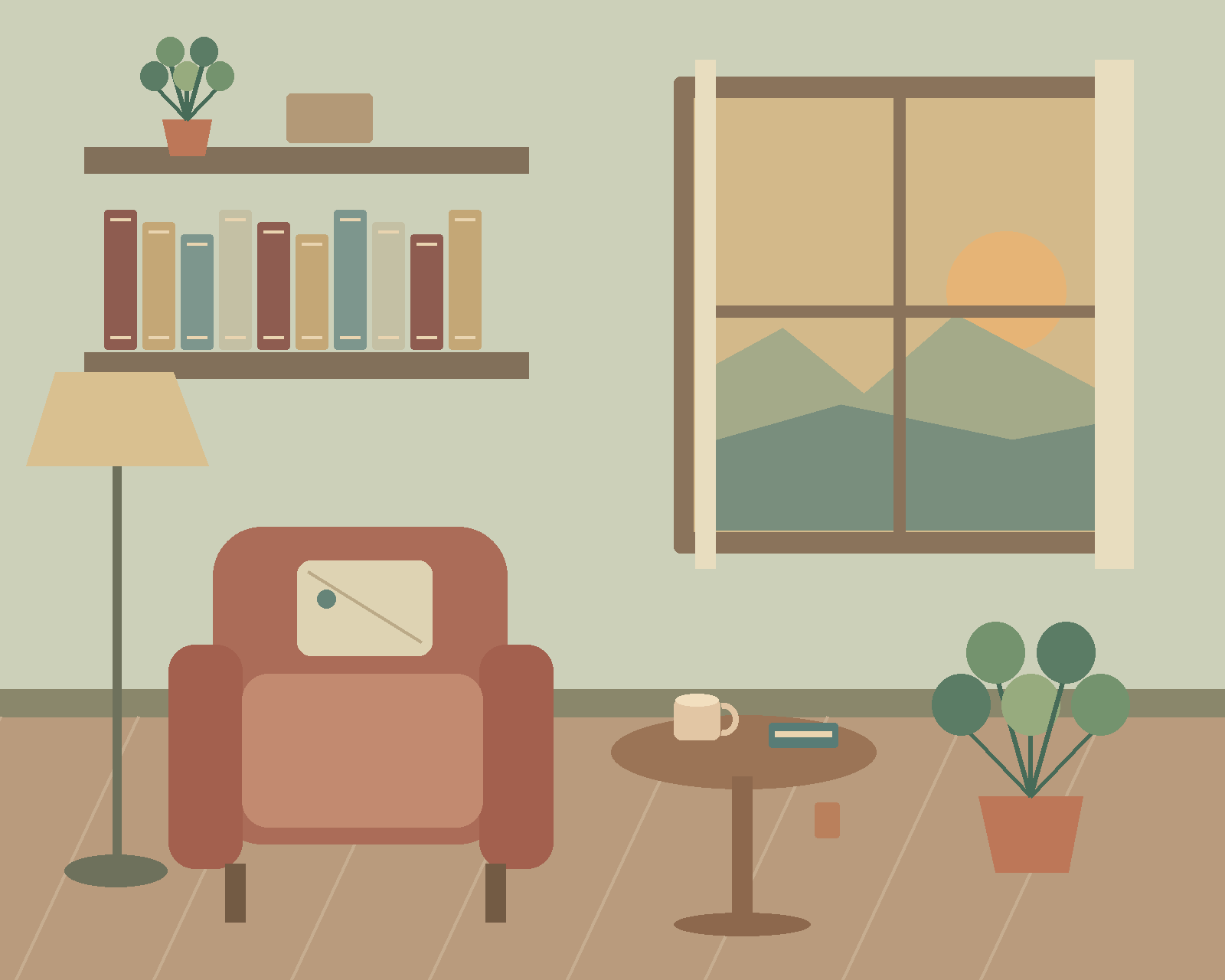 A calm reading room with a terracotta armchair, bookshelves, a large sunset window and a coffee table. — comparison picture