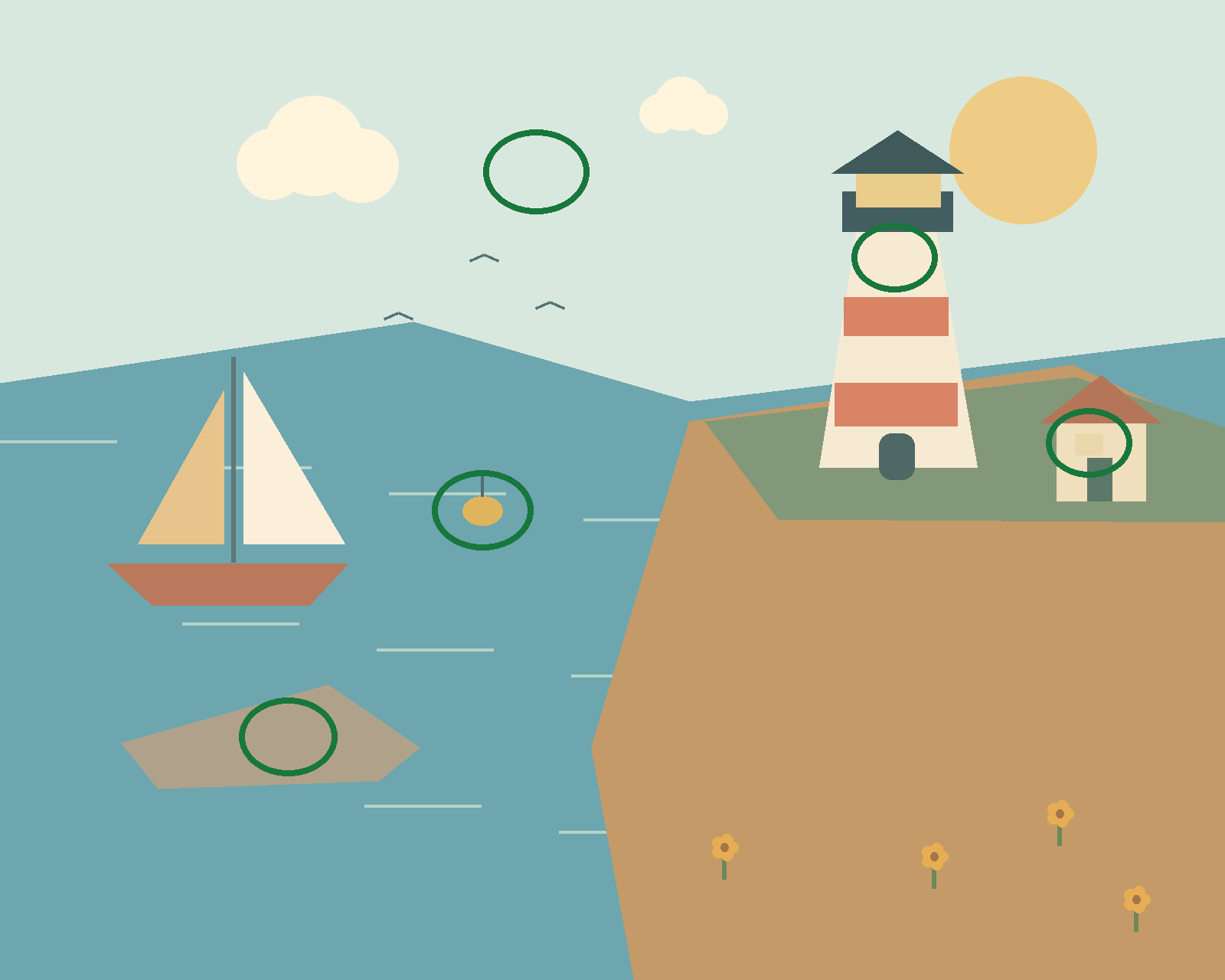 A striped lighthouse above a turquoise harbor, a sailboat, seaside cottage and rocky shore. — all five differences circled in green