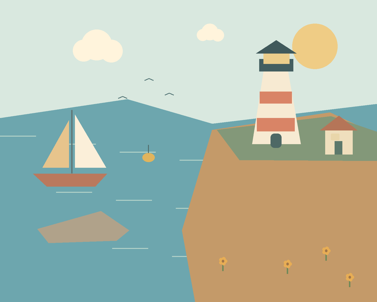 A striped lighthouse above a turquoise harbor, a sailboat, seaside cottage and rocky shore. — comparison picture