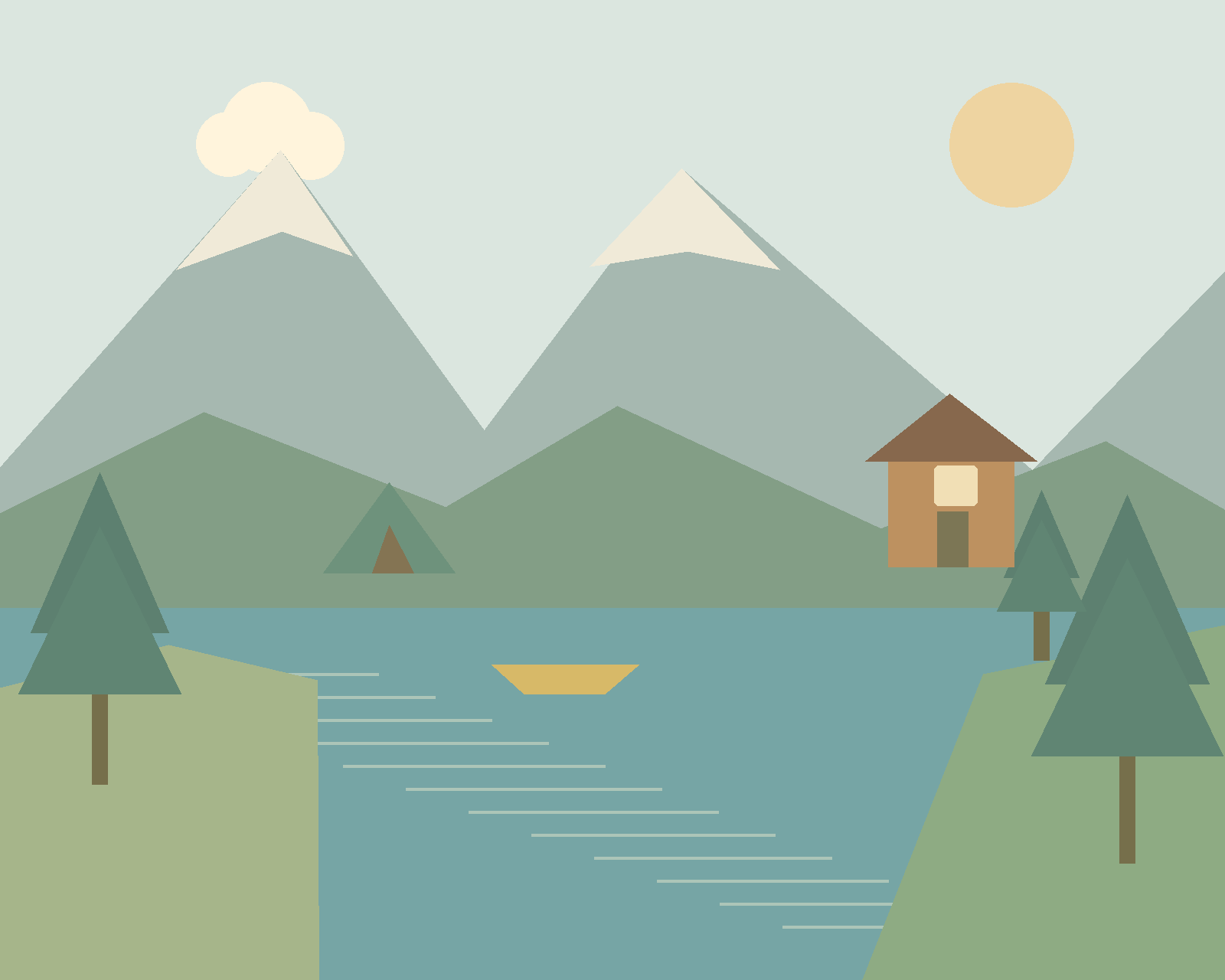 A peaceful mountain lake with snowy peaks, a lakeside cabin, pine trees, a tent and a canoe. — comparison picture