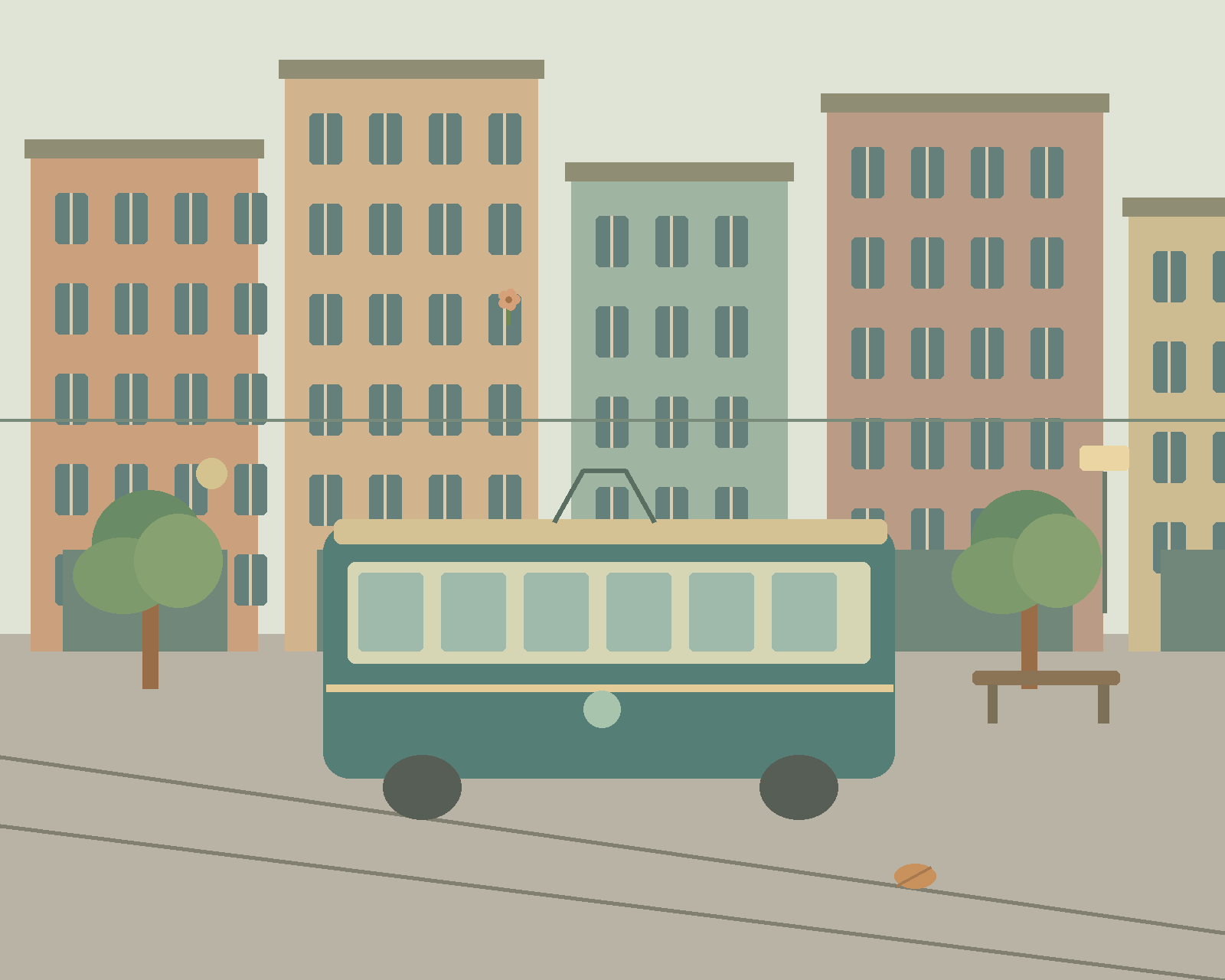 A green tram passing colorful old town buildings, window flowers, a street sign and a bench.