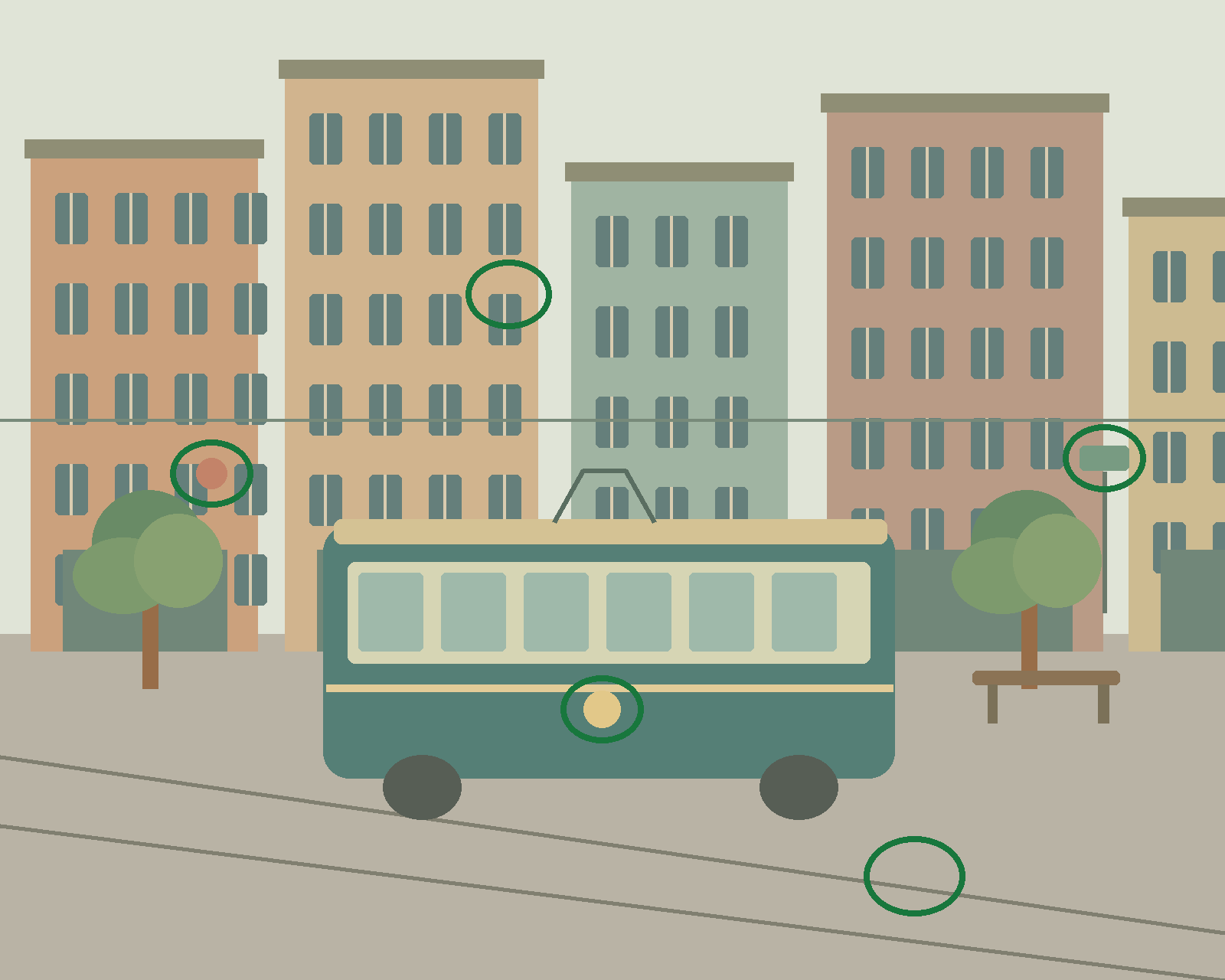 A green tram passing colorful old town buildings, window flowers, a street sign and a bench. — all five differences circled in green