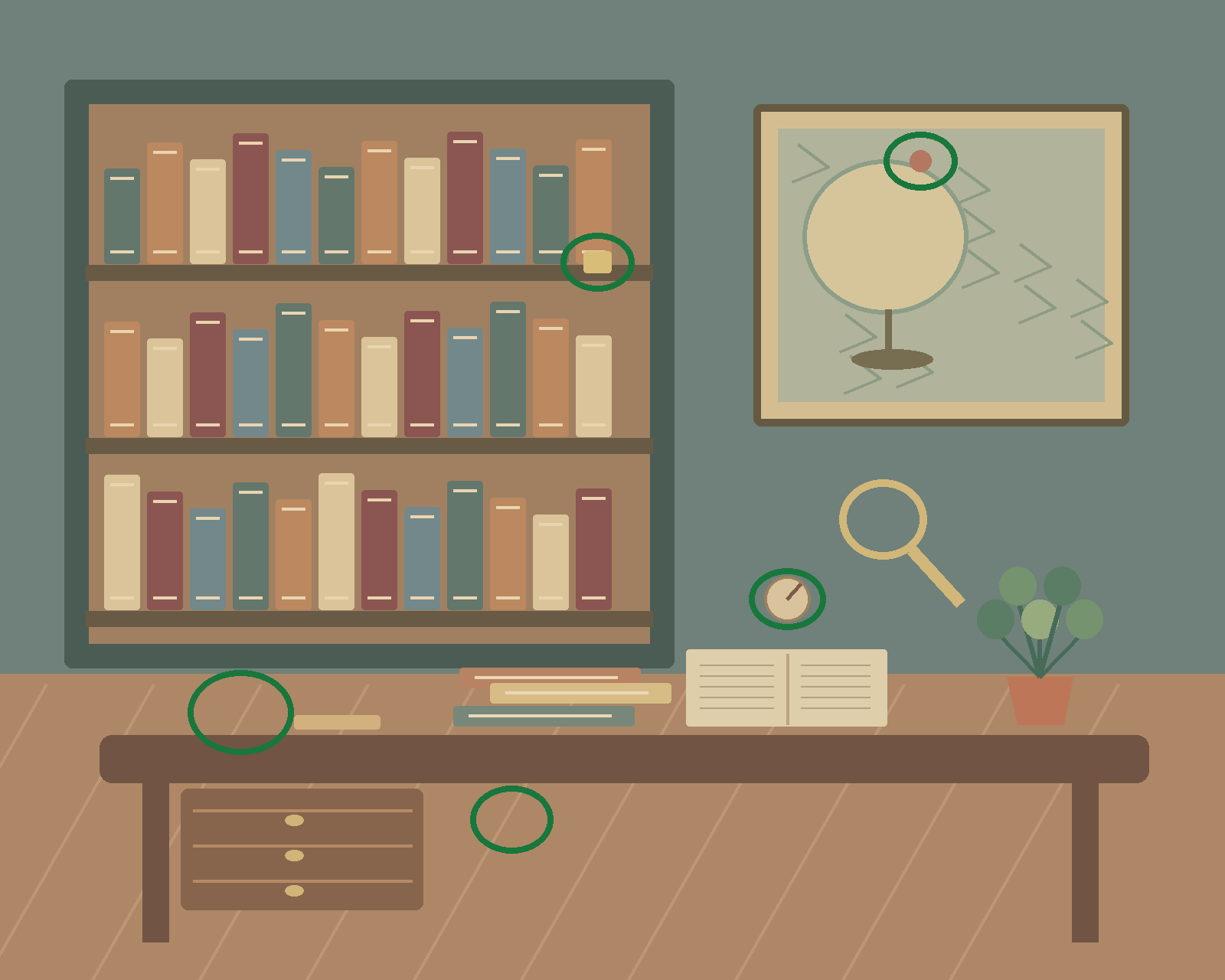 A richly detailed study with shelves of books, a map, compass, magnifying glass and a wooden desk. — all five differences circled in green