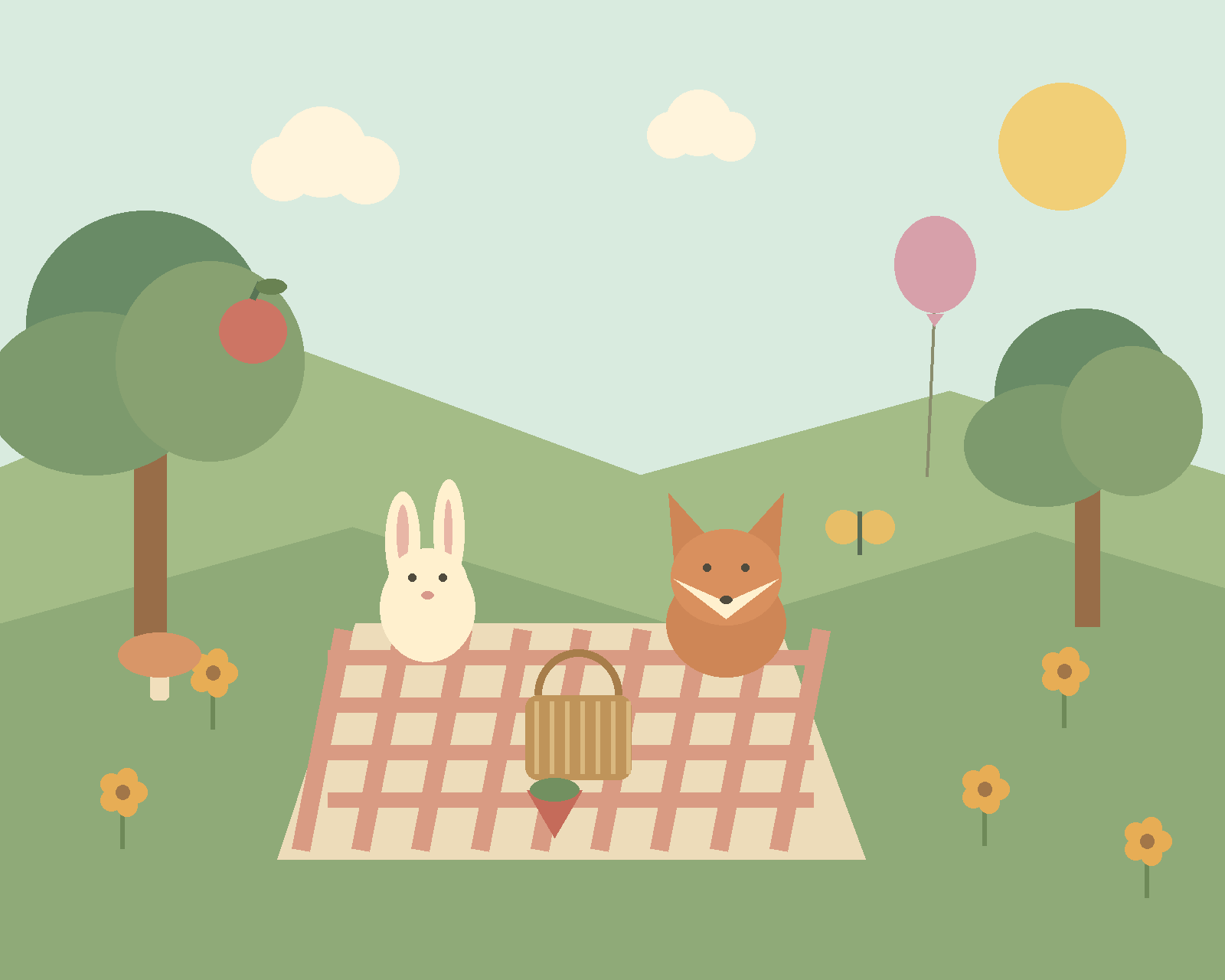 A rabbit and a fox having a picnic in a sunny woodland meadow with a balloon and flowers.