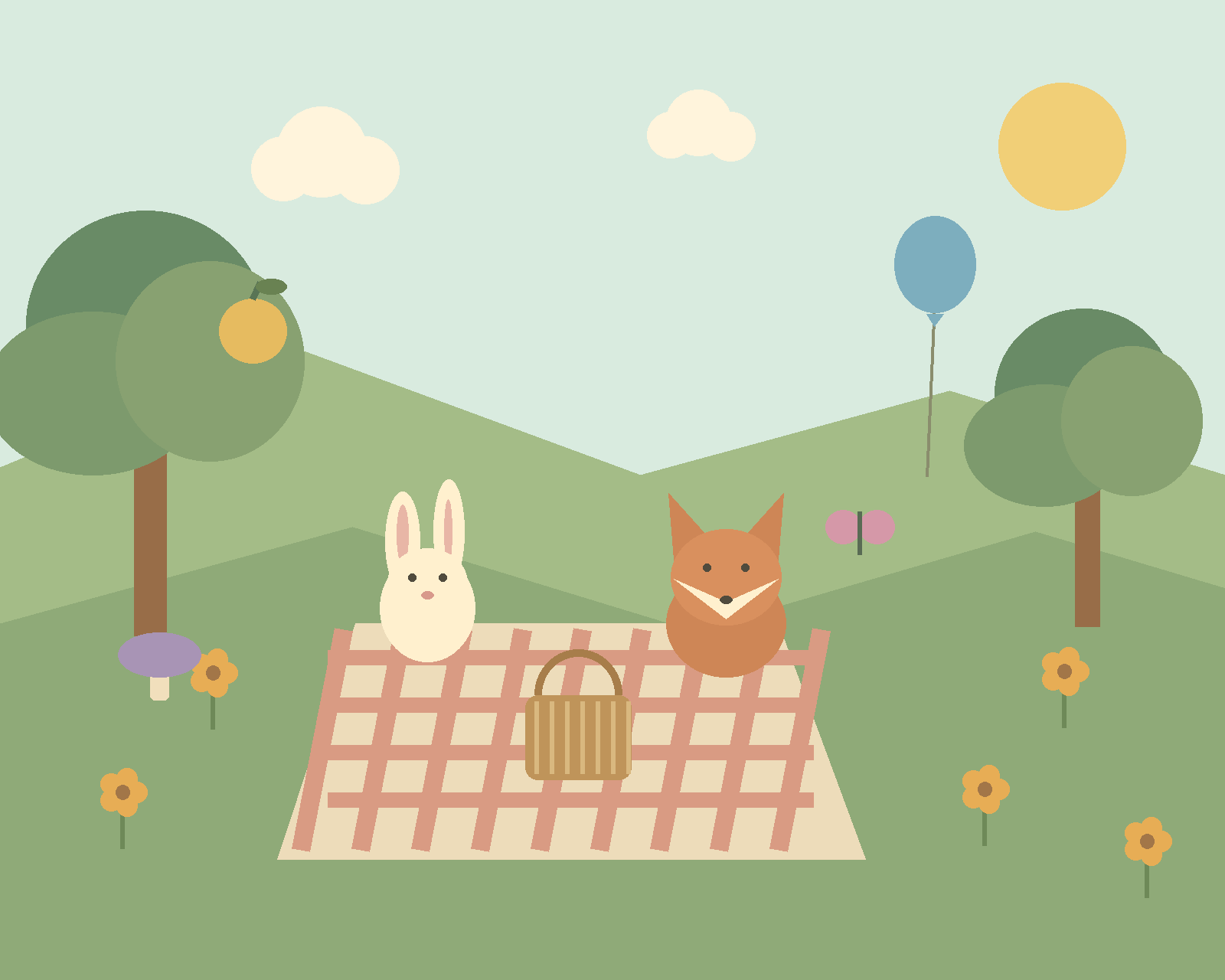 A rabbit and a fox having a picnic in a sunny woodland meadow with a balloon and flowers. — comparison picture