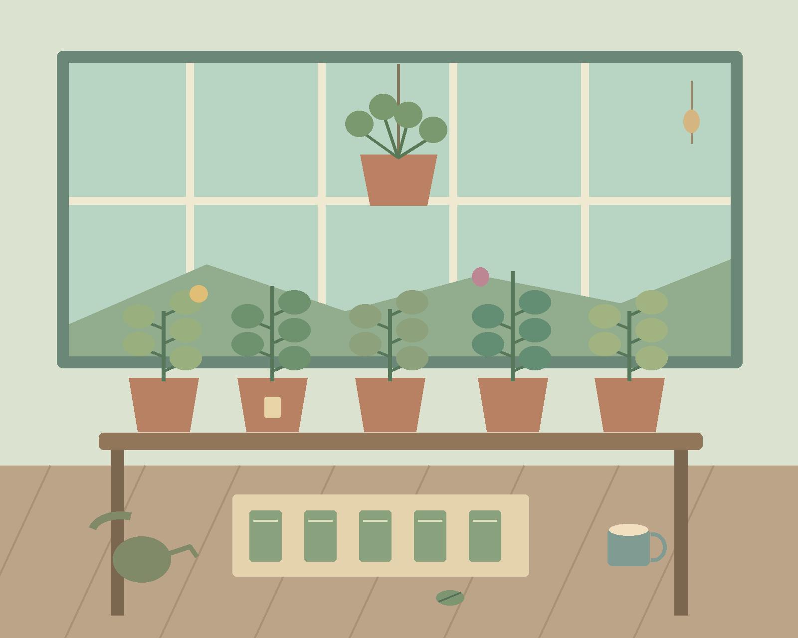 A sunlit greenhouse with rows of leafy plants, hanging foliage, seed packets and a gardening table.