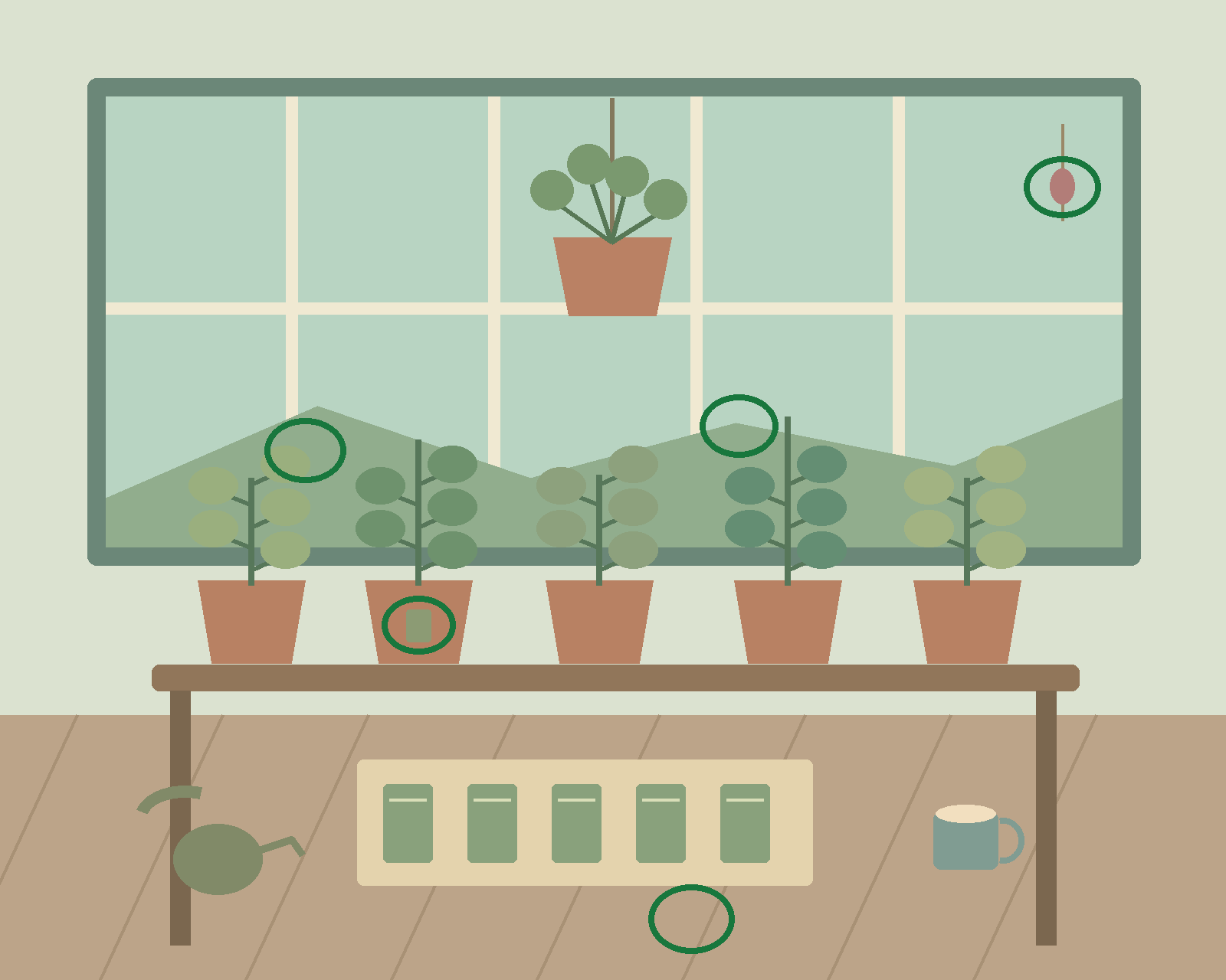 A sunlit greenhouse with rows of leafy plants, hanging foliage, seed packets and a gardening table. — all five differences circled in green