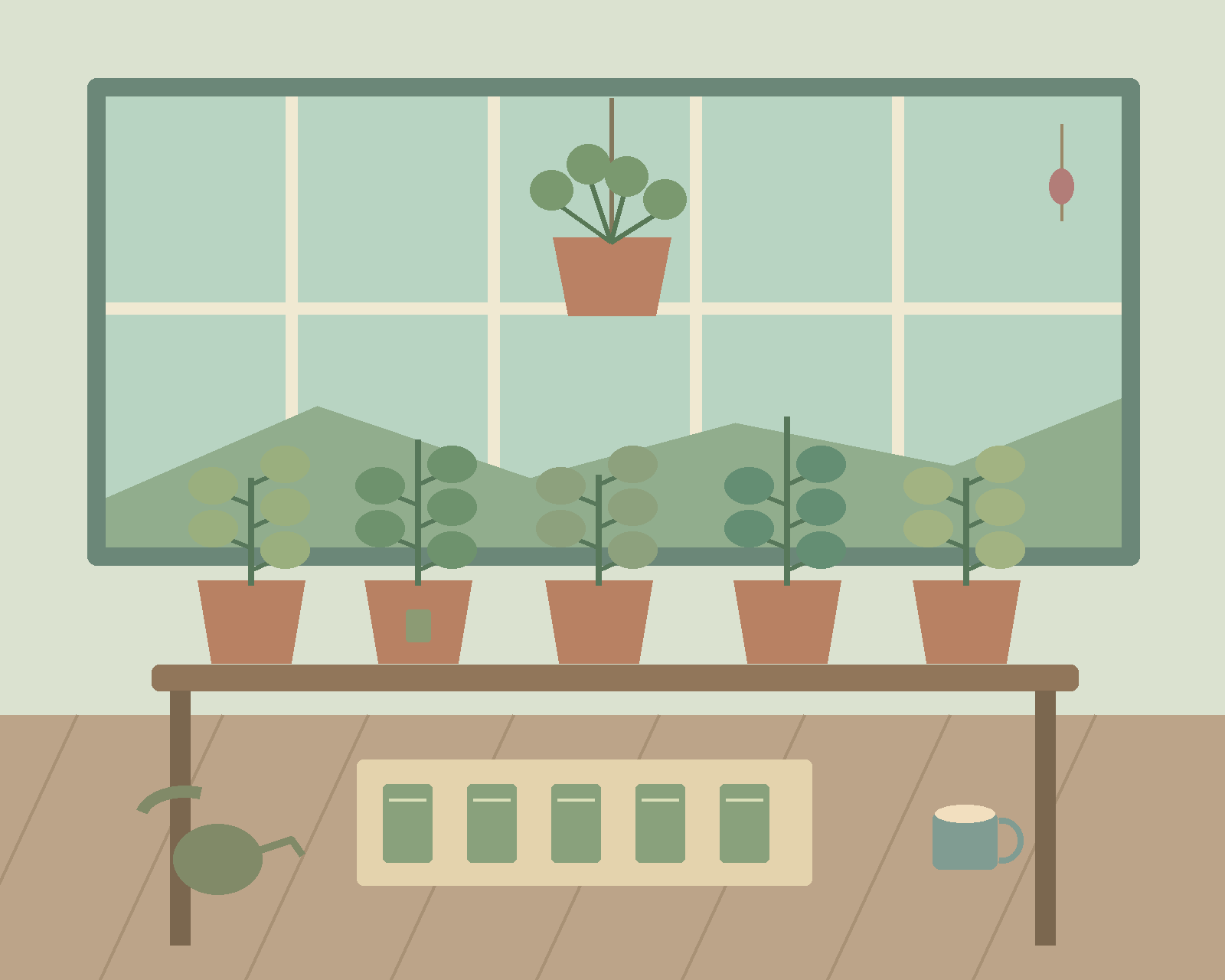 A sunlit greenhouse with rows of leafy plants, hanging foliage, seed packets and a gardening table. — comparison picture