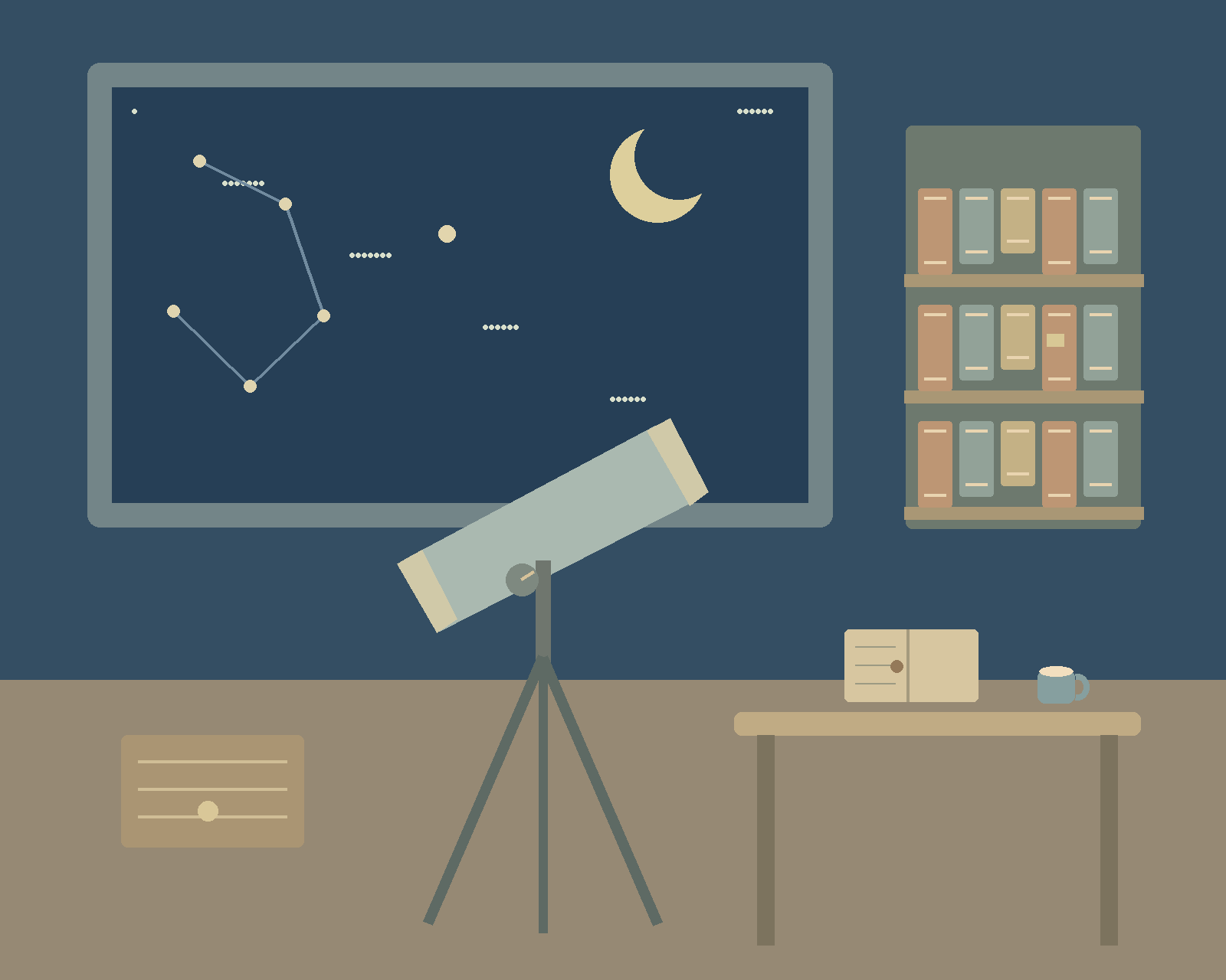 A nighttime observatory with a telescope, constellation window, shelves of books and an open notebook.