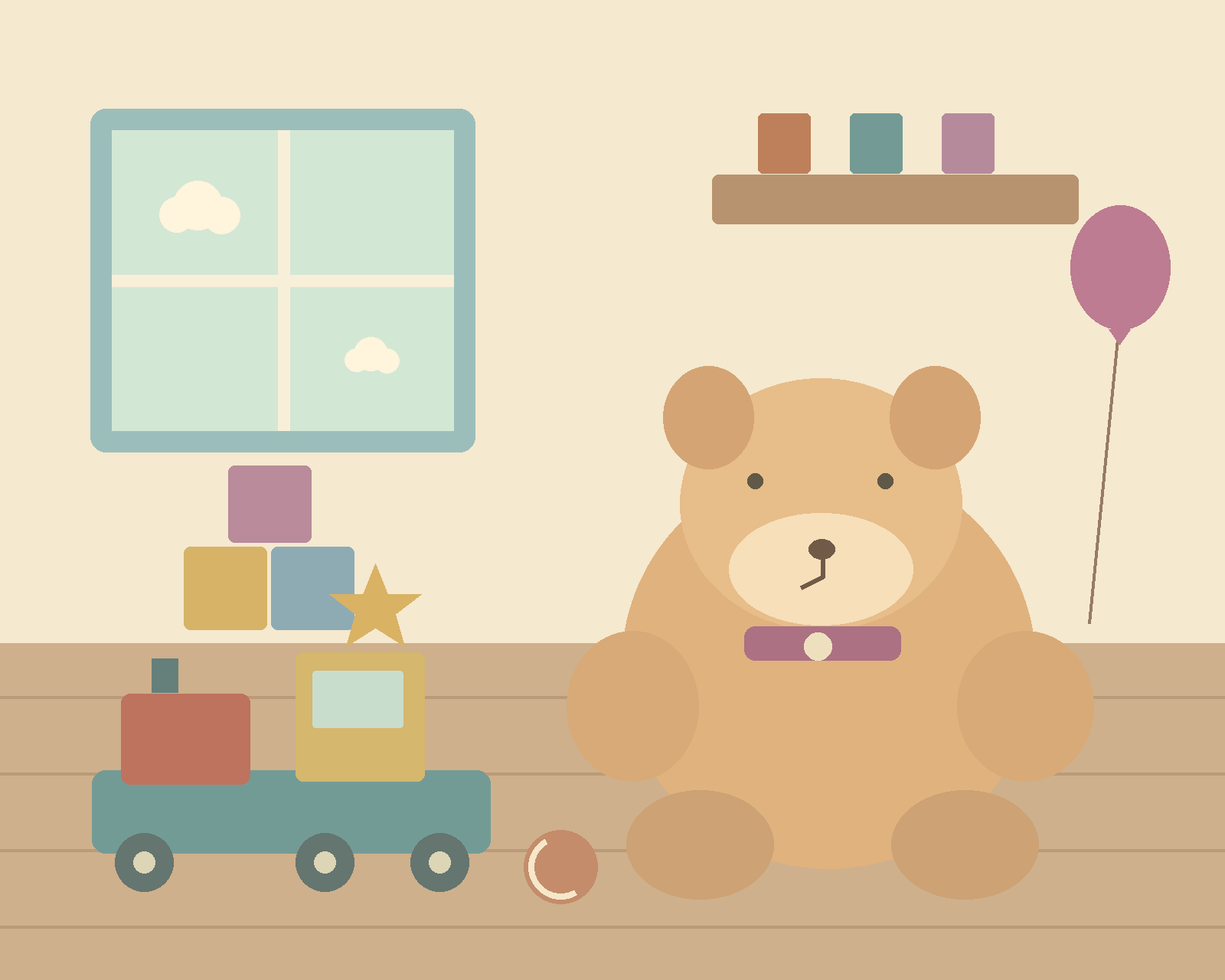 A friendly teddy bear beside a wooden toy train, colorful blocks, a balloon and a sunny window.