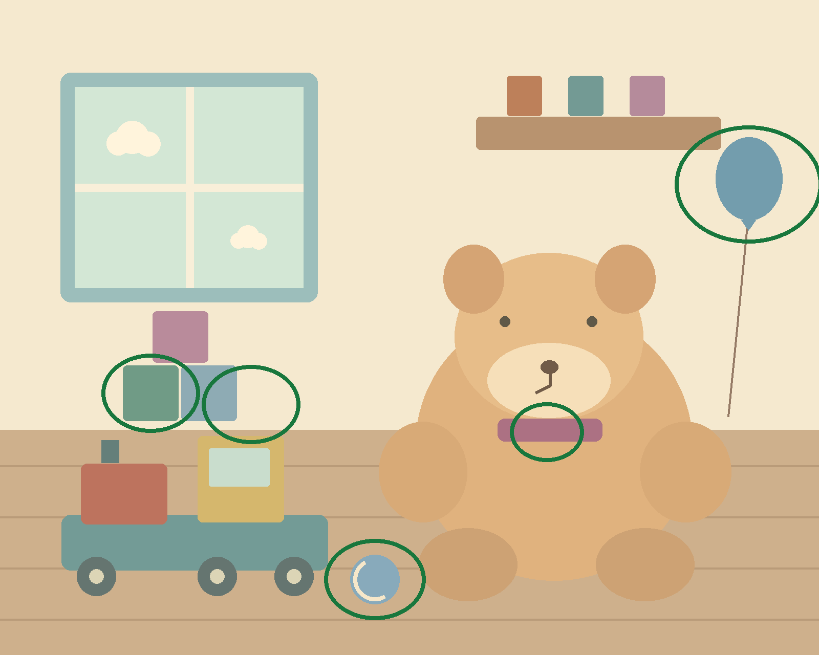 A friendly teddy bear beside a wooden toy train, colorful blocks, a balloon and a sunny window. — all five differences circled in green