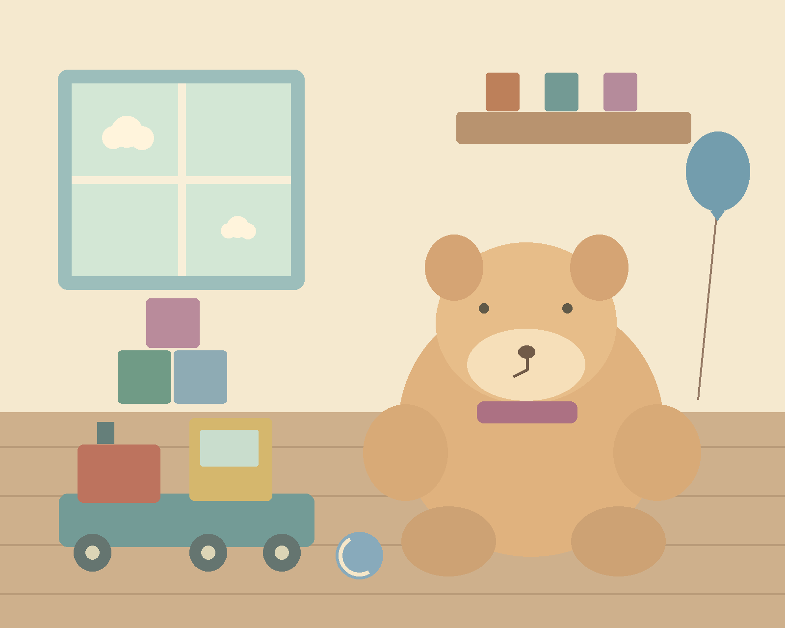 A friendly teddy bear beside a wooden toy train, colorful blocks, a balloon and a sunny window. — comparison picture