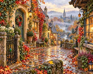 A misty European village lane with autumn foliage, cottage doors and glowing lanterns.
