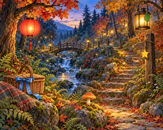 An autumn woodland stream and footbridge illuminated by lanterns at twilight.