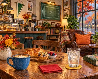 A cozy autumn cafe with coffee, pastries, a leather armchair and football decorations.
