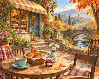 A watercolor bakery terrace overlooking a stone bridge with pastries, daisies and a sleeping cat.