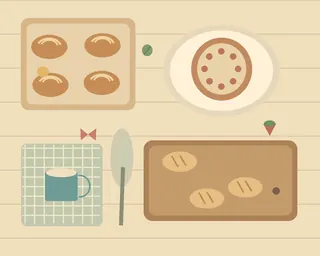 An overhead view of a bakery table with pastries, a fruit tart, a coffee cup, napkin and wooden bread board.