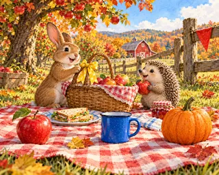A rabbit and hedgehog share an apple harvest picnic in a sunlit autumn orchard.