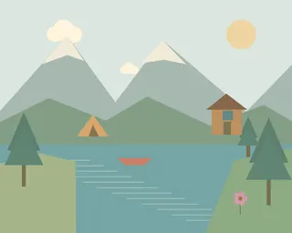 A peaceful mountain lake with snowy peaks, a lakeside cabin, pine trees, a tent and a canoe.