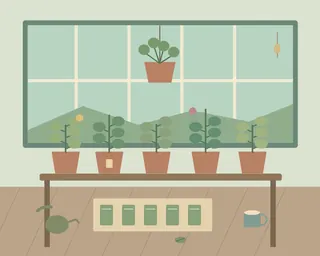 A sunlit greenhouse with rows of leafy plants, hanging foliage, seed packets and a gardening table.