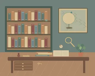 A richly detailed study with shelves of books, a map, compass, magnifying glass and a wooden desk.