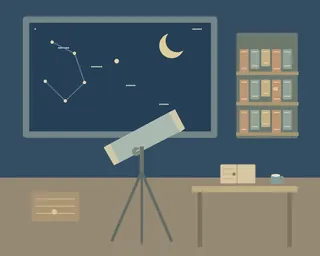 A nighttime observatory with a telescope, constellation window, shelves of books and an open notebook.