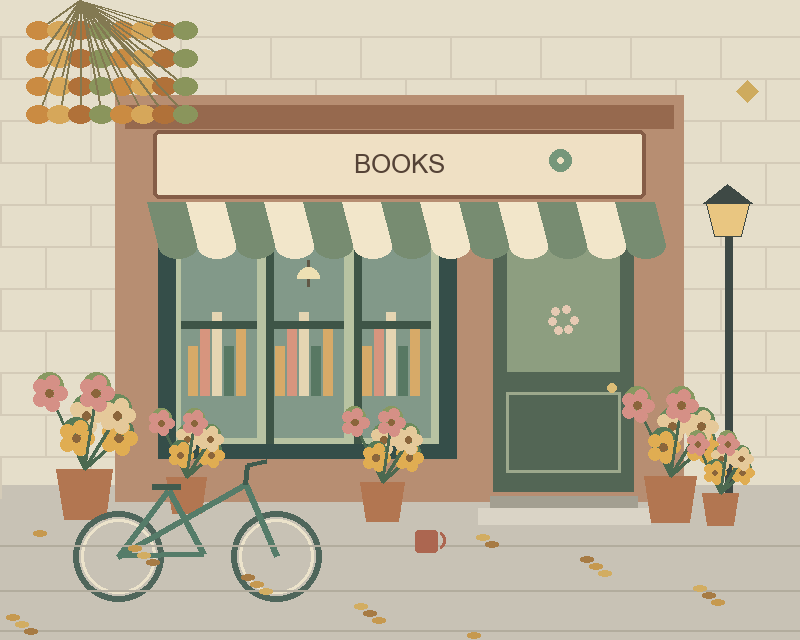 Illustrated books storefront with a striped awning, plants, a bicycle and a street lamp