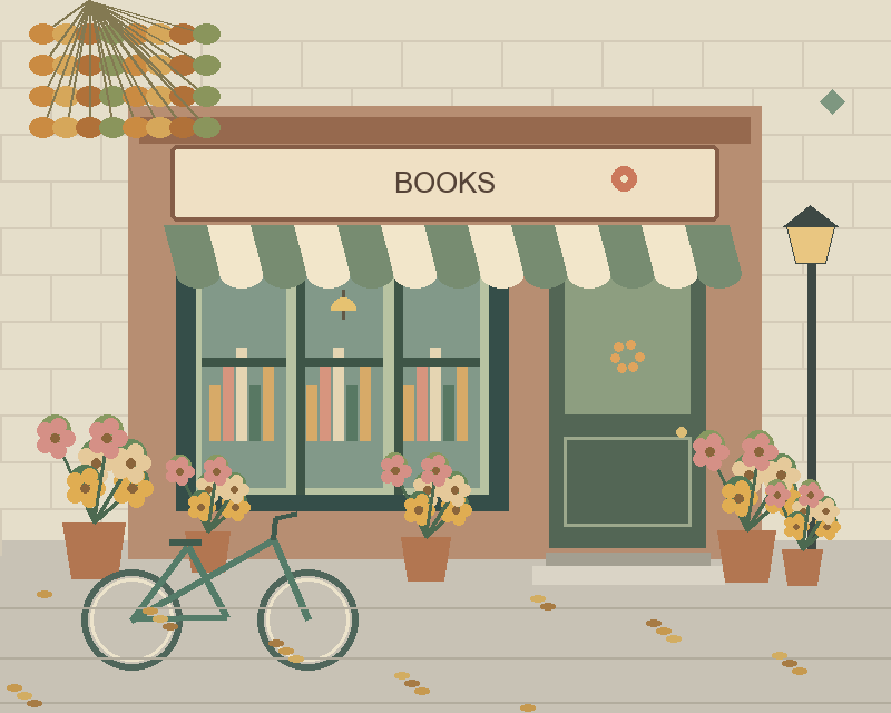 Illustrated books storefront with a striped awning, plants, a bicycle and a street lamp — comparison picture