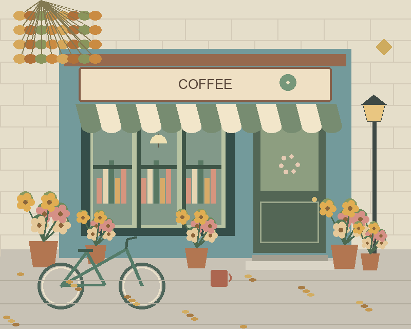 Illustrated coffee storefront with a striped awning, plants, a bicycle and a street lamp