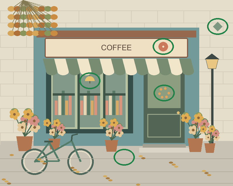 Illustrated coffee storefront with a striped awning, plants, a bicycle and a street lamp — all five differences circled in green