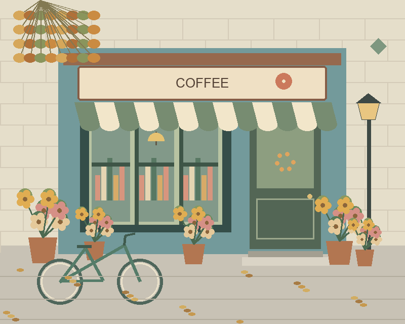 Illustrated coffee storefront with a striped awning, plants, a bicycle and a street lamp — comparison picture