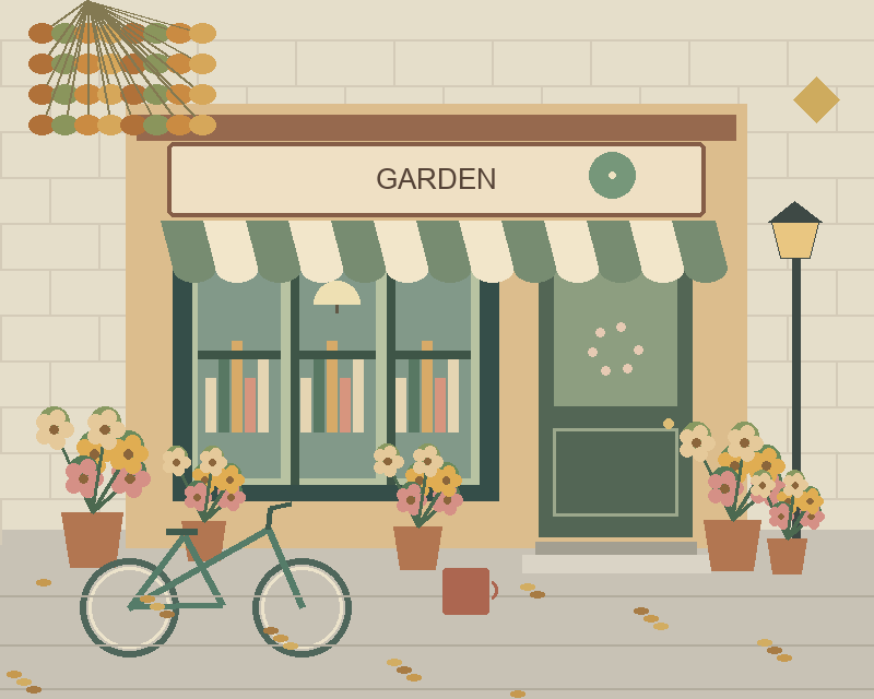 Illustrated garden storefront with a striped awning, plants, a bicycle and a street lamp