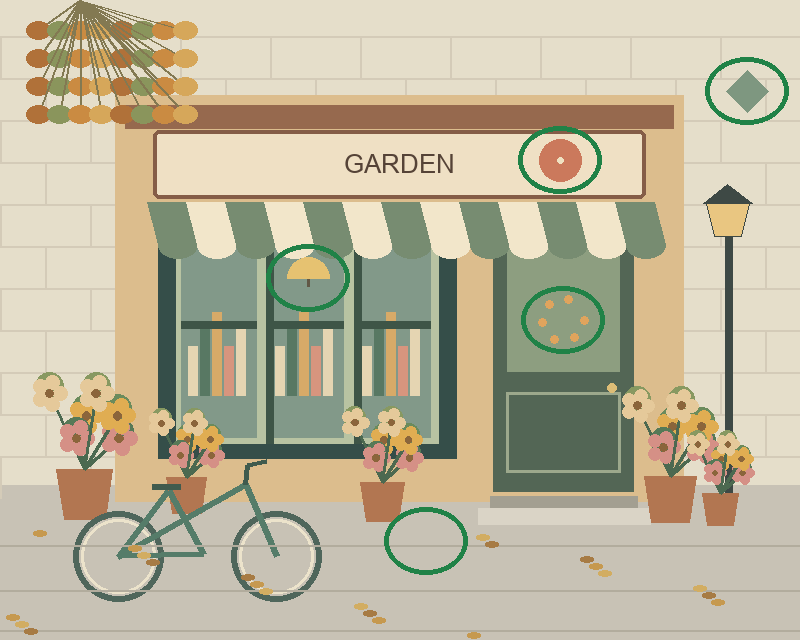 Illustrated garden storefront with a striped awning, plants, a bicycle and a street lamp — all five differences circled in green