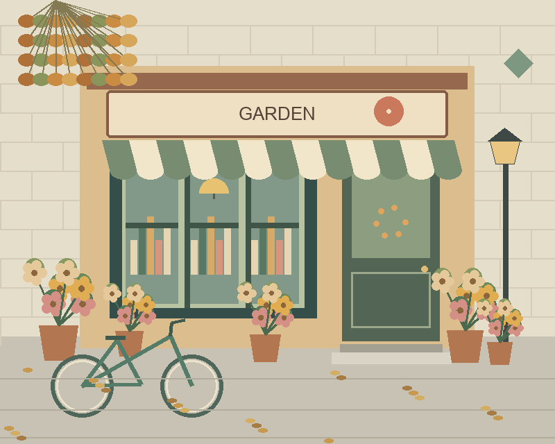 Illustrated garden storefront with a striped awning, plants, a bicycle and a street lamp — comparison picture