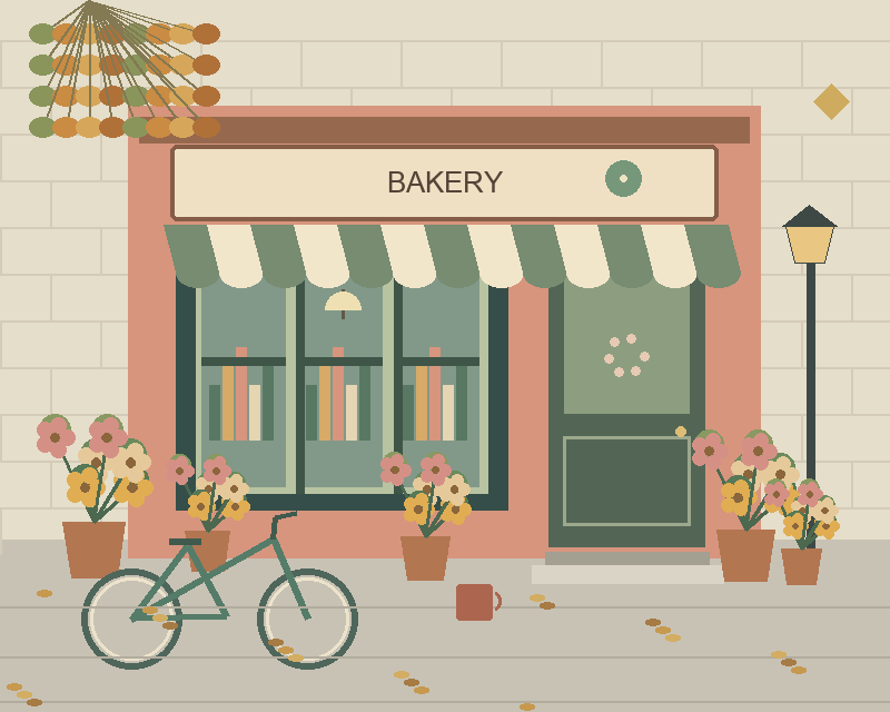 Illustrated bakery storefront with a striped awning, plants, a bicycle and a street lamp