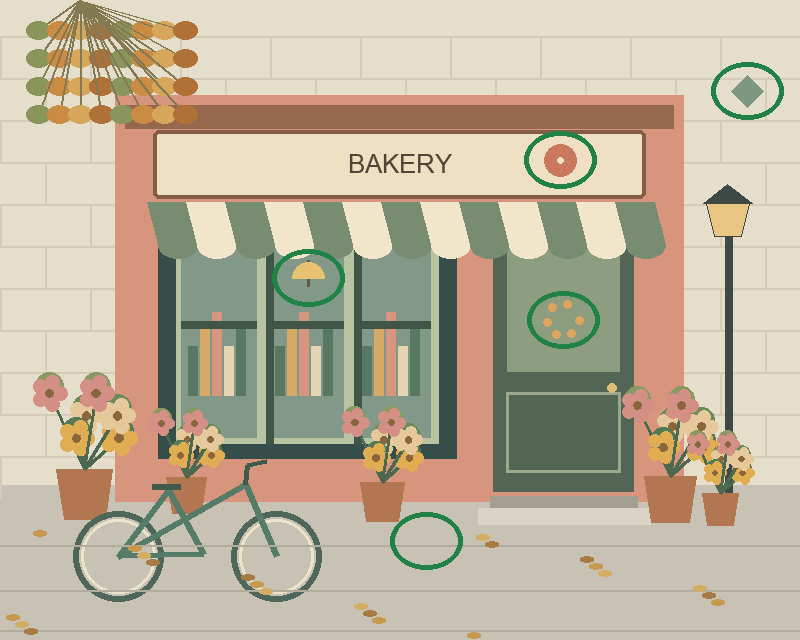 Illustrated bakery storefront with a striped awning, plants, a bicycle and a street lamp — all five differences circled in green