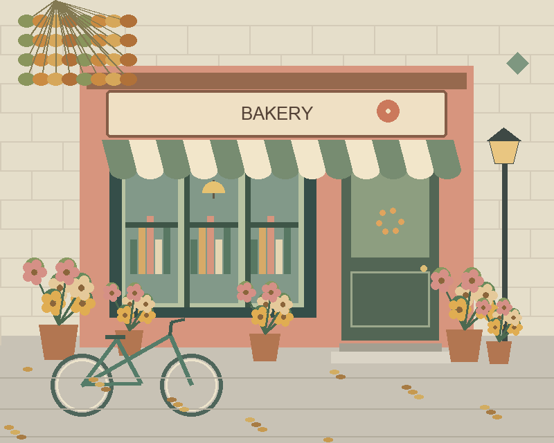 Illustrated bakery storefront with a striped awning, plants, a bicycle and a street lamp — comparison picture
