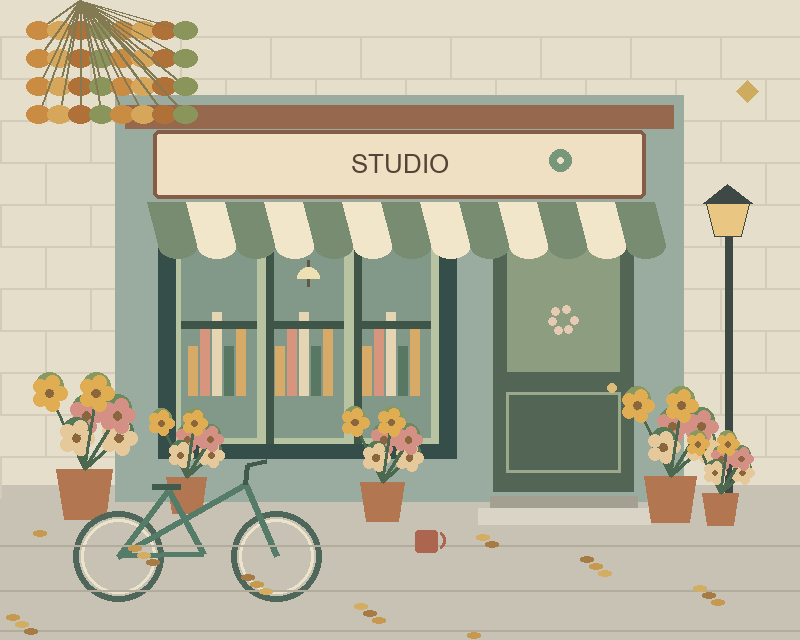 Illustrated studio storefront with a striped awning, plants, a bicycle and a street lamp